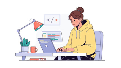 Fototapeta premium Woman working on laptop at desk with lamp and plants in a cozy environment