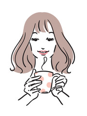 マグカップを手に持つセミロングヘアの女性の線画イラスト