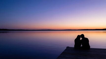 Silhouetted couple in tender embrace on a wooden dock at sunset, reflecting in a calm lake with a vibrant purple and orange sky Concept of romance, love, and tranquility