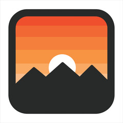 Minimalist landscape illustration featuring mountains and a setting sun within a frame
