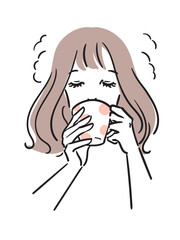 コーヒーをじっくり味わう女性のシンプルな線画イラスト