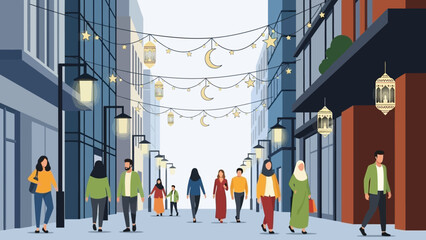 Obraz premium Illustration of people walking in a decorated street with lanterns and crescent moons during a festive evening