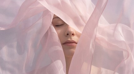 Serene young woman with eyes closed, veiled in flowing pink chiffon fabric, conveying peace and tranquility