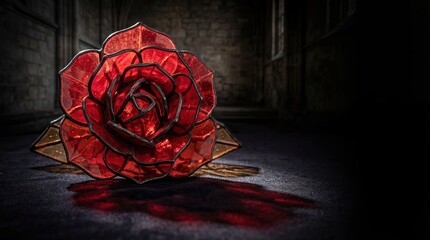 Dramatic red stained glass rose casting a deep red shadow on a dark, textured surface in an atmospheric, dimly lit interior