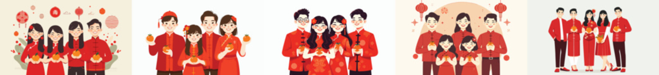 vector of friends holding oranges as a sign of good luck for Chinese New Year