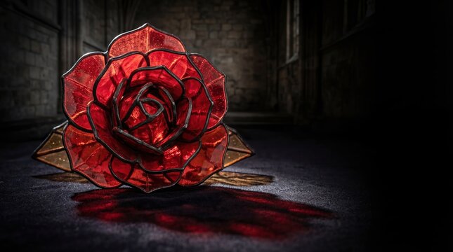 Dramatic red stained glass rose casting a deep red shadow on a dark, textured surface in an atmospheric, dimly lit interior