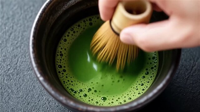 Close-up of a hand whisking matcha tea in a dark bowl, creating a frothy green mixture with delicate bubbles