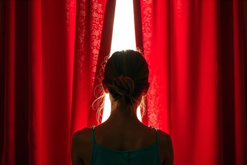 composition in which only the girl's back is visible, her head tilted to peek through a rich red stage curtain, evoking a sense of mystery.