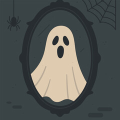Cute cartoon ghost floating inside an oval mirror with spiderwebs and spooky dark background, playful Halloween-themed illustration