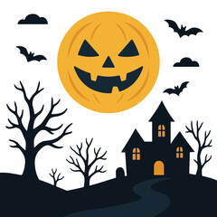 Spooky Halloween night illustration with grinning pumpkin moon over haunted house silhouette, bats flying, and bare trees on eerie landscape