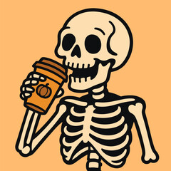 Cartoon skeleton sipping takeaway coffee cup, humorous spooky Halloween-style illustration with bold lines and simple flat pastel background
