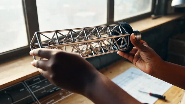Close-up shot of hands holding a metallic structure with geometric patterns in a well-lit workshop with blueprints and tools on a wooden desk
