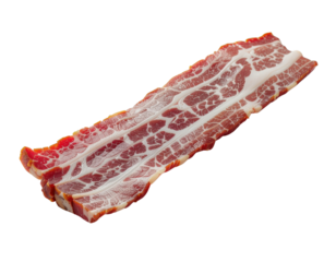 A streak of raw bacon showcasing vibrant marbling and rich colors, emphasizing its texture and quality.