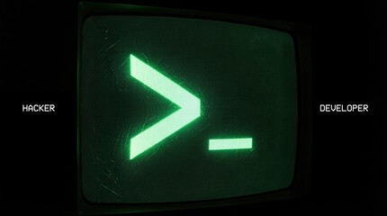 Retro computer screen displaying green command prompt with Hacker and Developer text, symbolizing coding and cybersecurity