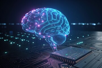 Futuristic artificial intelligence concept showcasing a glowing blue brain hovering above a computer microchip on a circuit board with neon lights in a dark background