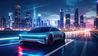 Urban traffic flows through the downtown city street at night as cars drive past illuminated skyscrapers and office buildings in a high speed motion across the highway