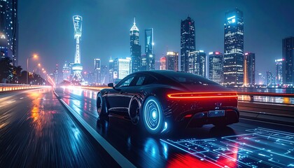 Urban traffic flows through the downtown city street at night as cars drive past illuminated skyscrapers and office buildings in a high speed motion across the highway