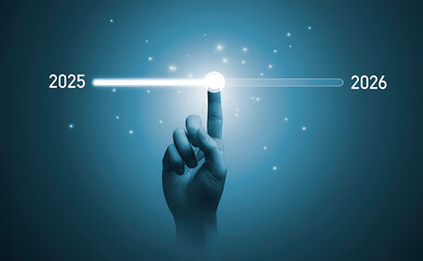Timeline Progress 2026: Futuristic concept of a hand touching a glowing timeline moving from 2025 to 2026, symbolizing innovation and hope.