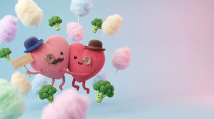 Joyful hearts celebrating friendship with cotton candy and broccoli in a playful environment whimsical animated scene bright colors cheerful vibe