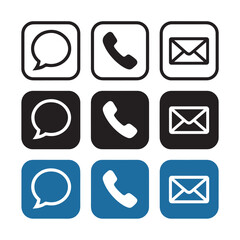 Communication Icon Set with Speech Bubble Phone and Envelope in Outline Solid and Blue Styles Vector