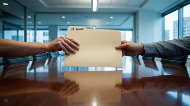 Two men exchanging a folder labeled AI Tasks in a modern boardroom, symbolizing collaboration and delegation of artificial intelligence projects