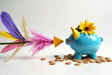 Arrows crafted from unique materials lead to charming piggy banks in a whimsical photoshoot against a crisp white background.