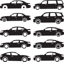 black silhouettes of various cars on white background