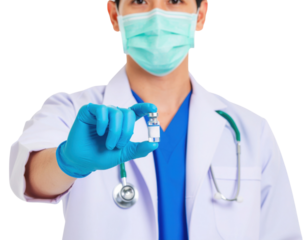 A healthcare professional holding a vaccine vial, wearing a mask and gloves, ready for administration.