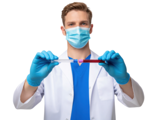 A healthcare professional in a lab coat and gloves holds a test tube containing a blood sample.