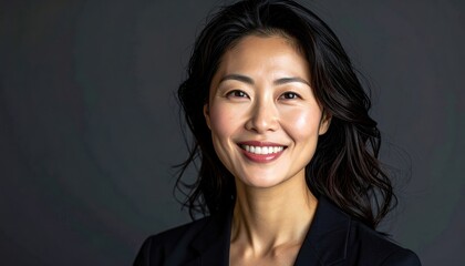 A portrait of a smiling young brunette woman with beautiful hair and makeup posing in a studio captures the happy lifestyle of a fashion model