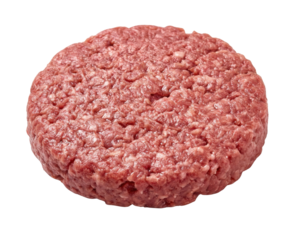 A raw beef patty, round in shape, with a textured surface, ready for cooking or grilling.