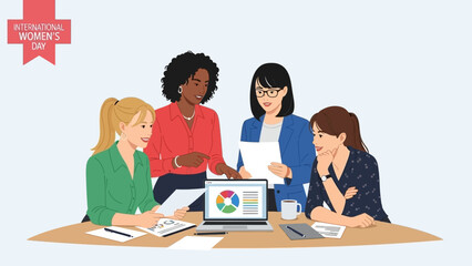 International Women's Day celebration with diverse women collaborating in a modern office setting