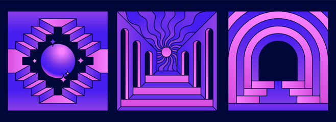 Vector abstract print design templates and covers in minimal and gradient style, magical and mystical symbols, entrances, doors and windows with steps and staircases