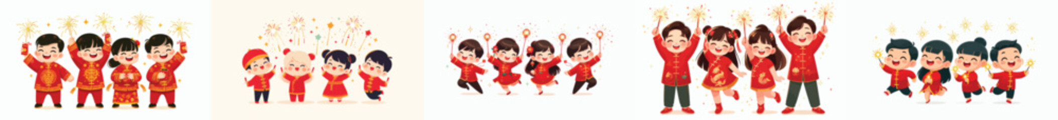 vector of children playing with fireworks on Chinese New Year celebration