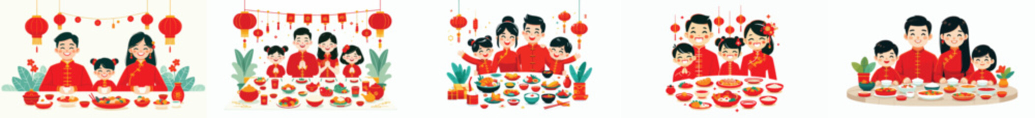 vector of family eating together during Chinese New Year celebrations
