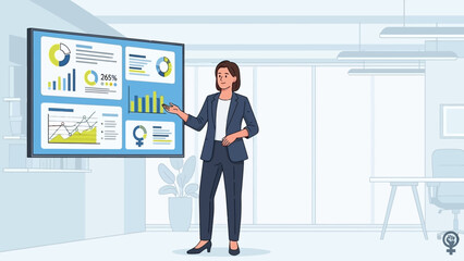 Fototapeta premium Businesswoman presenting data analytics and financial reports on a large screen in a modern office setting
