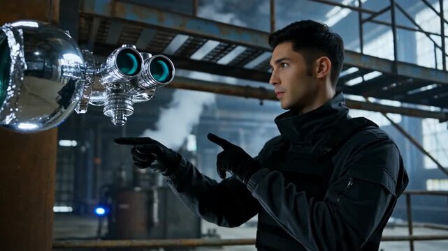 A focused individual in tactical gear interacts with a futuristic holographic interface in an industrial setting