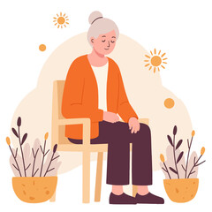 Elderly woman sitting calmly on chair surrounded by plants and sun . Elderly set