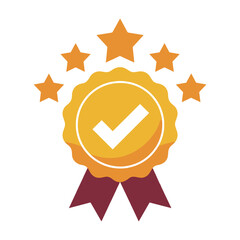 Gold Badge Icon with Yellow Checkmark Five Stars and Maroon Ribbons Symbolizing Certification and Quality Vector