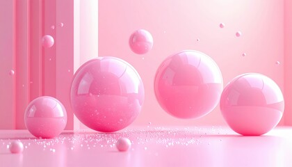 Shiny pink Easter eggs and a glossy bunny decoration create a festive 3d celebration with colorful round balloons and bubbly sphere illustrations for a fun holiday party design