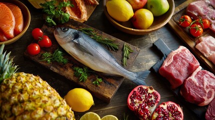Fresh seafood and fruits displayed on wooden table for cooking preparation in kitchen