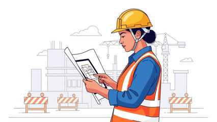 Female engineer or architect reviewing construction blueprints and plans wearing a hard hat and safety vest