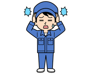 頭をかかえるシンプルな作業員の男性