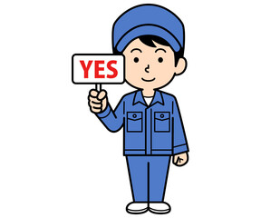 YESの札を持つシンプルな作業員の男性