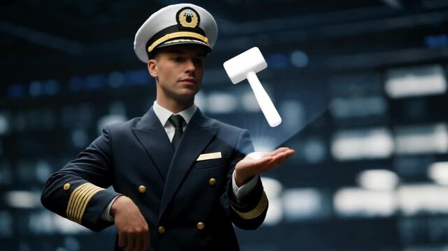 A male pilot in a formal uniform showcasing a computer-generated holographic hammer in a modern, tech-inspired environment
