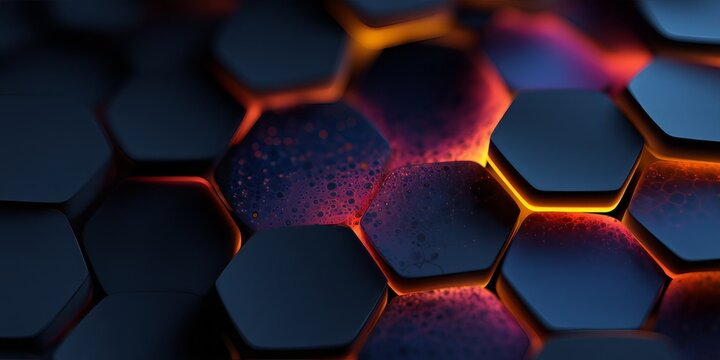Design of hexagonal shapes with glowing effects in dark colors and abstract patterns in a digital setting - Powered by Adobe