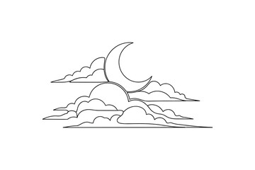 Crescent moon and clouds vector illustration in simple line art style