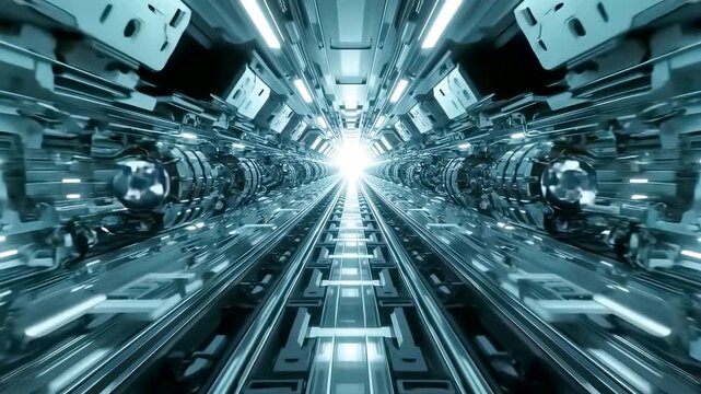 Endless metallic corridor tunnel with bright glowing ceiling lights and reflective floor leading to central bright light
