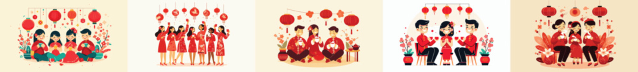 vector of friends drinking tea together on Chinese New Year
