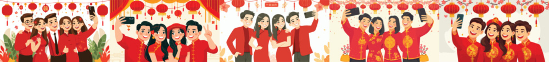 vector of friends taking selfies together during Chinese New Year celebrations
